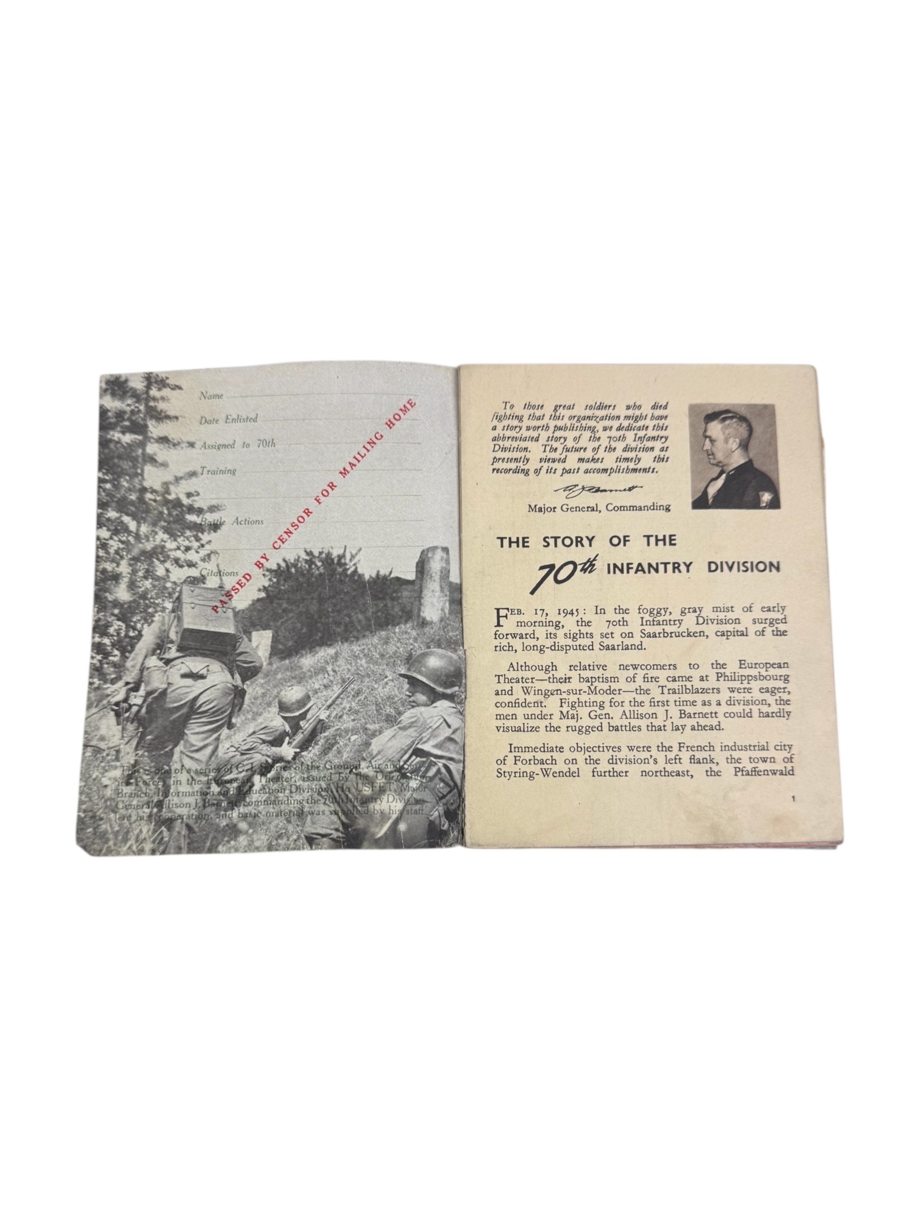Amerikaans WO2 70th Infantry Division boekje. - Afbeelding 2